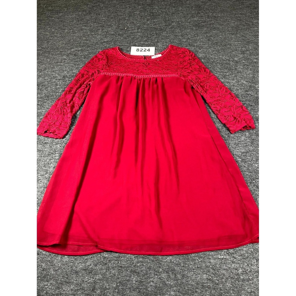 AUW A Line Dress Womens Medium Red Nylon Lace Floral Long Sleeve Round Neck